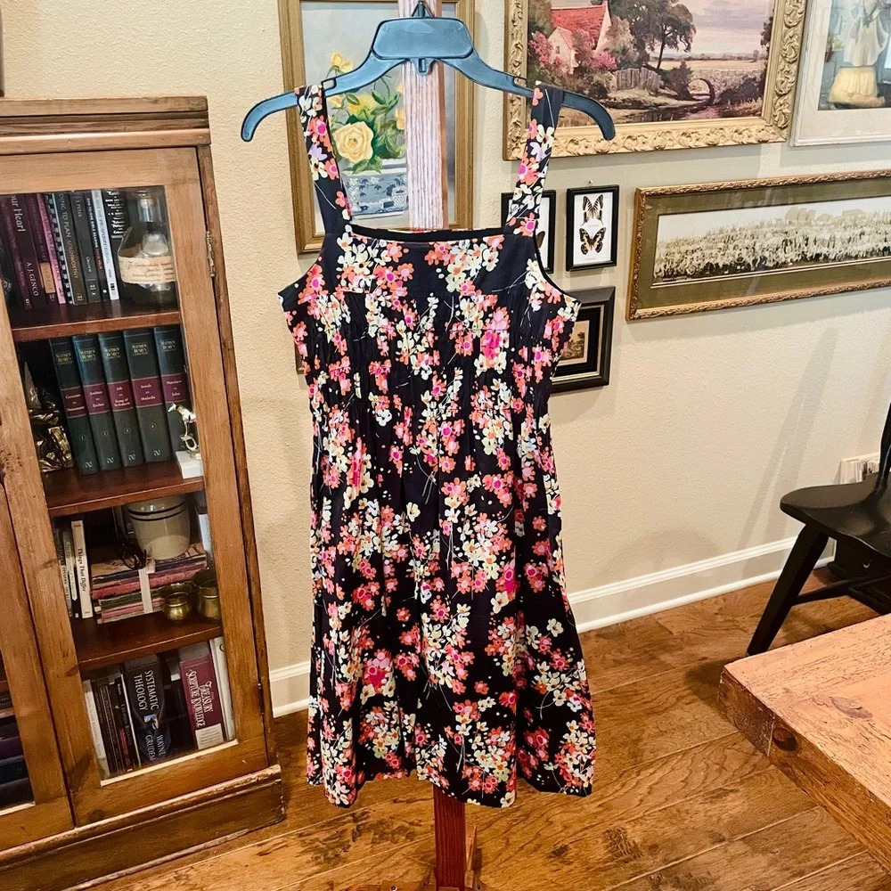GAP strappy stretch floral midi cotton sun dress lined  SZ 8 black orange pink - Picture 7 of 10